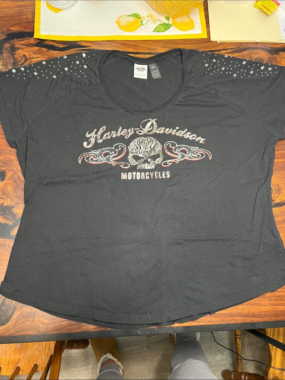 Harley-Davidson Women’s 3X Black Tee with Studded Shoulders and Red Accent Skull